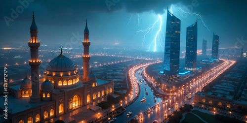 modern city with empty road and skyscrapers in the evening