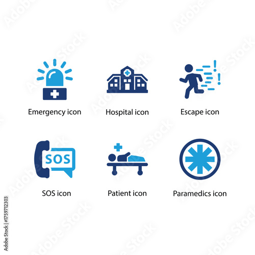 Emergency, Hospital, Escape, SOS, Patient, Paramedics, Blue icon set