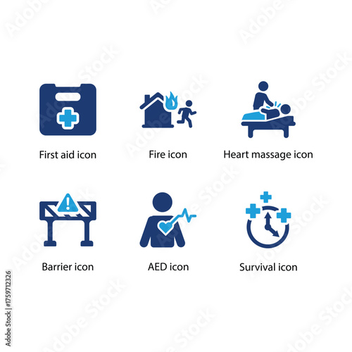 First aid, Fire, Heart massage, Barrier, AED, Survival, Blue icon set