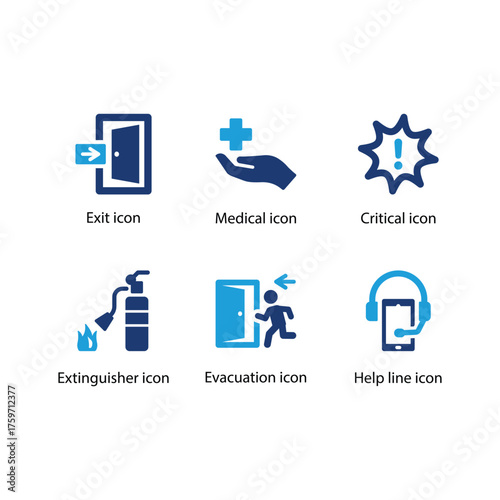 Exit, Medical, Critical, Extinguisher, Evacuation, Help line, Blue icon set