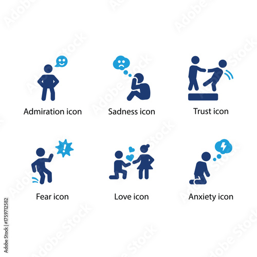 Admiration, Sadness, Trust, Fear, Love, Anxiety, Blue icon set
