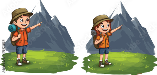Cartoon vector illustration of children hiking with backpacks in mountains, outdoor adventure, exploration, travel, nature, lifestyle, camping, tourism, and childhood