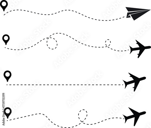 Airplane flight path icon vector showing journey route and destination marker for travel and tourism designs