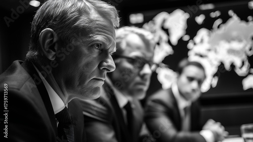 Executive Team Monitoring Volatile Stock and Cryptocurrency Charts in Modern Boardroom