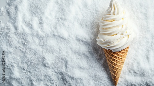 Soft-serve ice cream swirled in a waffle cone, lying flat on a snow white background, melting edges visible in crisp detail. -