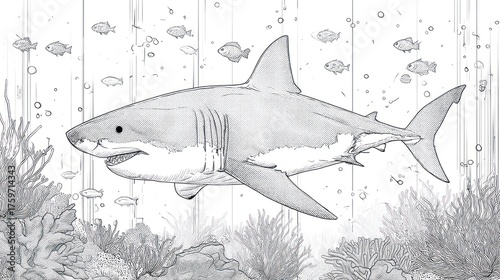 Fototapeta Naklejka Na Ścianę i Meble -  Shark illustration swimming underwater among fish and coral reef artwork