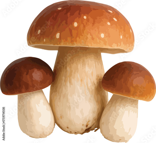 Three Porcini Mushrooms with Brown Caps and White Stems