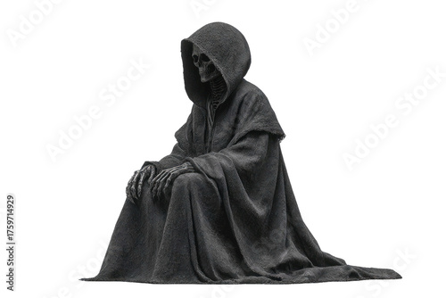 Grim Reaper skeleton cloaked, hooded, seated