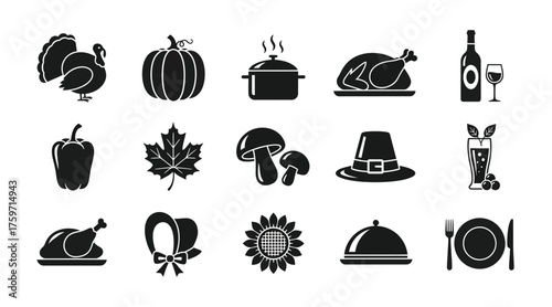 Thanksgiving Icon Set: Black & White Vector Graphics of Turkey, Pumpkin, Feast, Food, & Fall Elements for Holiday Design