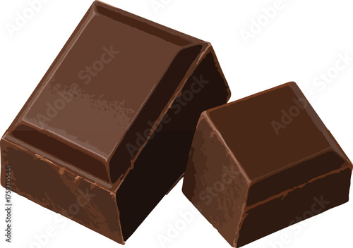 Two dark chocolate pieces on white background food