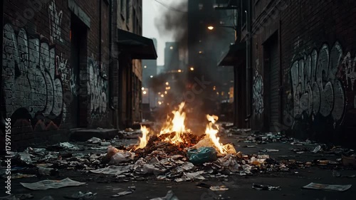Urban Alleyway fire with debris and smoke in a deserted city street