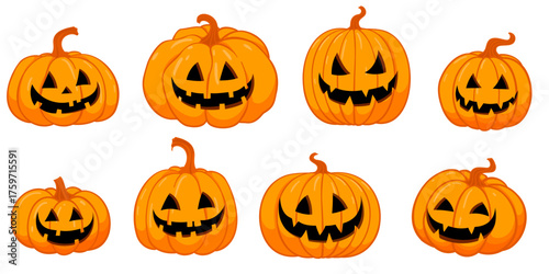 Carved pumpkins, Halloween vector cartoon spooky creepy funny pumpkins set