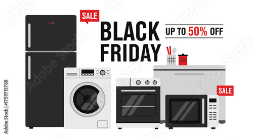 Black Friday sale graphic with home appliances Up to 50 off