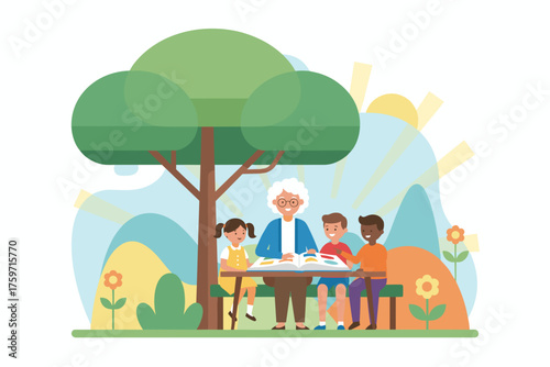 Happy grandma reading a storybook to diverse children outdoors Education learning family time