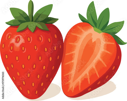Whole and halved red strawberries with green leaves
