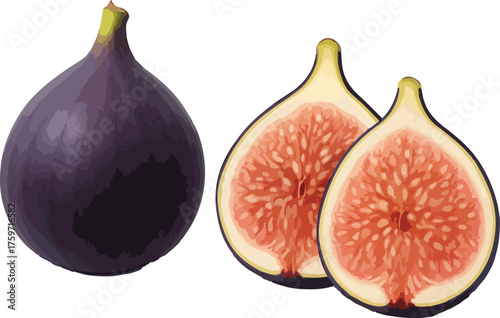 Whole and sliced ripe purple figs on white whole fig