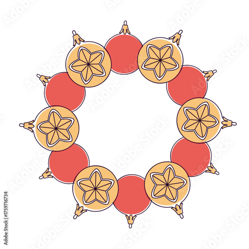 Festive wreath of Christmas tree balls. Simple flat vector design. New year and Christmas round frame. Ideal for postcards, business cards, packaging design, home, shop. Vector illustration