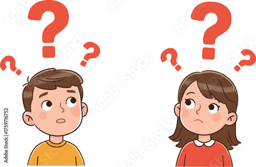 Cartoon vector illustration of confused boy and girl with question marks above heads, problem solving, curiosity, thinking, doubt, learning, and education
