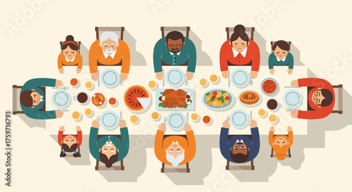 A cheerful flat design illustration depicting a diverse family enjoying a bountiful Thanksgiving dinner together, symbolizing unity and gratitude. The scene is presented with a clean, modern aesthetic