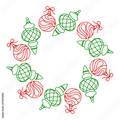 Festive wreath of Christmas tree balls. Simple flat vector design. New year and Christmas round frame. Ideal for postcards, business cards, packaging design, home, shop. Vector illustration
