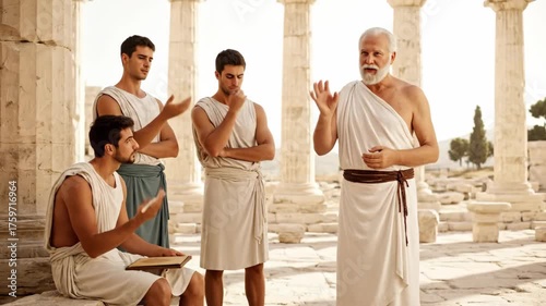 Ancient Philosopher Discussing Ideas with Students in Historical Setting