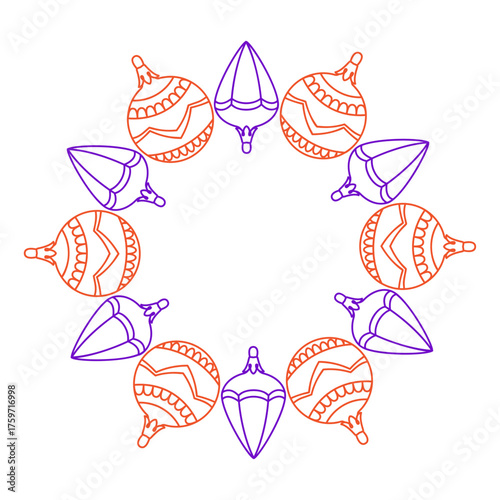 Festive wreath of Christmas tree balls. Simple flat vector design. New year and Christmas round frame. Ideal for postcards, business cards, packaging design, home, shop. Vector illustration