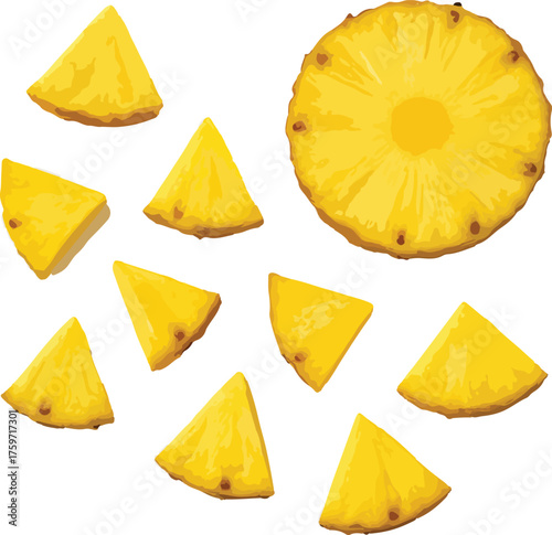 Yellow pineapple slices and ring on white background
