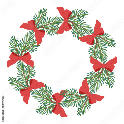 Festive fir wreath with bows. Simple flat vector design. New year and Christmas round frame. Ideal for postcards, business cards, packaging design, home, shop. Vector illustration