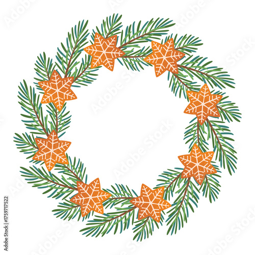 Festive fir wreath with gingerbread. Simple flat vector design. New year and Christmas round frame. Ideal for postcards, business cards, packaging design, home, shop. Vector illustration