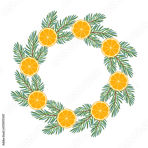 Festive fir wreath with orange slices. Simple flat vector design. New year and Christmas round frame. Ideal for postcards, business cards, packaging design, home, shop. Vector illustration