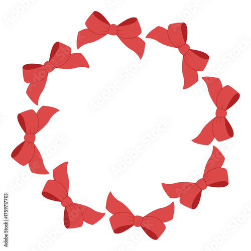 Festive wreath of red bows. Simple flat vector design. New year and Christmas round frame. Ideal for postcards, business cards, packaging design, home, shop. Vector illustration