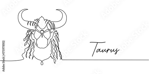 Minimalist one-line Taurus zodiac sign illustration, elegant linear bull head design with horns in continuous contour black art