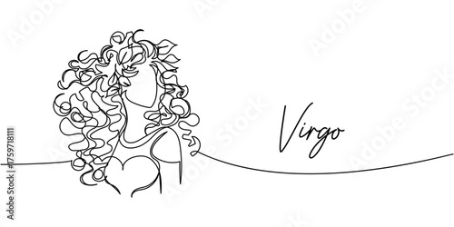 Minimalist one-line Virgo zodiac sign illustration, elegant linear female figure with floral hair in continuous contour black art