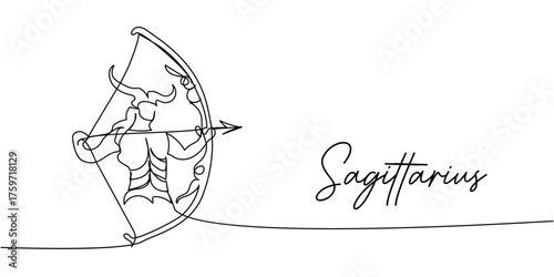Minimalist one-line Sagittarius zodiac sign illustration, elegant linear archer with bow and arrow in continuous contour black art
