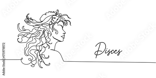 Minimalist one-line Pisces zodiac sign illustration, elegant linear female profile with flowing hair and fish in continuous contour art