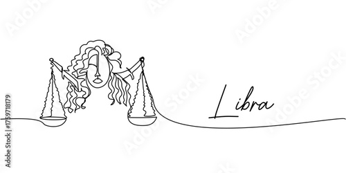 Minimalist one-line Libra zodiac sign illustration, elegant linear female figure holding scales in continuous contour black art