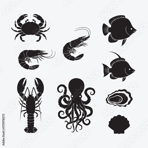 Seafood Silhouette Icons Collection Various Marine Animals Aquatic Life Lobster Crab Shrimp Fish Octopus Oyster Scallop Graphic Se