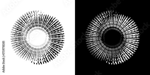 Dynamic abstract spiral sound wave rhythm lines. Circular spiral sound wave rhythm of lines. Circular futuristic abstract lines, black and white background.	
