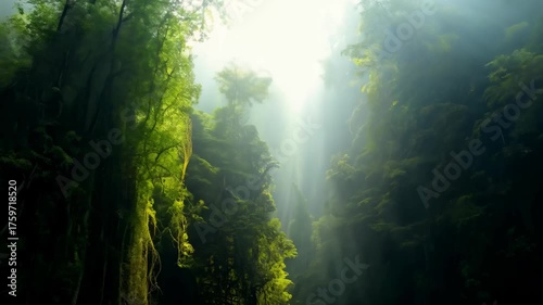 A captivating view of a lush green forest, where sunlight streams through the dense foliage, creating a serene and tranquil atmosphere perfect for outdoor exploration.