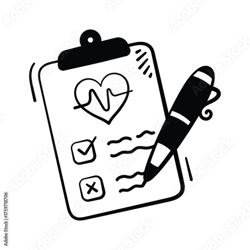 Clipboard with heart and checklist representing medical report hand drawn icon