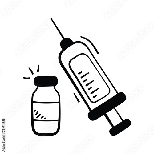 Syringe and vaccine bottle symbolizing vaccination or injection, hand drawn vector