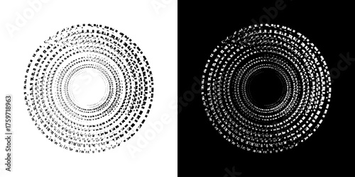 Dynamic abstract spiral sound wave rhythm lines. Circular spiral sound wave rhythm of lines. Circular futuristic abstract lines, black and white background.	
