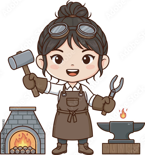 A smiling female blacksmith in an apron, holding tools near a furnace and anvil.