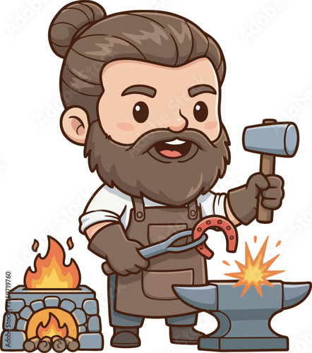 Cartoon blacksmith shaping a horseshoe on an anvil with a hammer, near a burning forge.