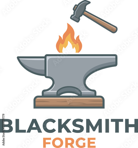 A cartoon illustration of a blacksmith's anvil with a hammer and fire.