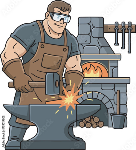 Cartoon illustration of a blacksmith forging metal with a hammer and anvil, with a stone furnace in the background.