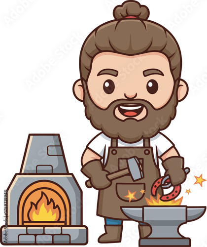 Cartoon blacksmith holding a horseshoe with a hammer near an anvil and furnace with flames.