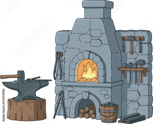 Cartoon illustration of a blacksmith's workshop featuring a furnace, anvil, and tools.