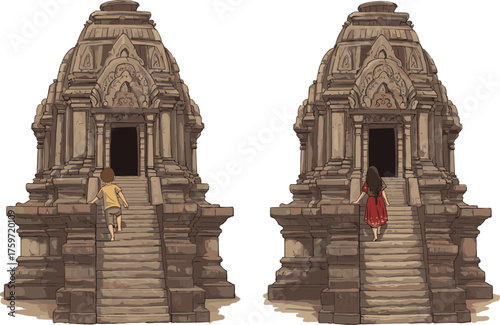 Ancient temple architecture, historic stone carvings, cultural heritage site, people climbing temple stairs, traditional design, travel destination, historical monument, sacred place exploration