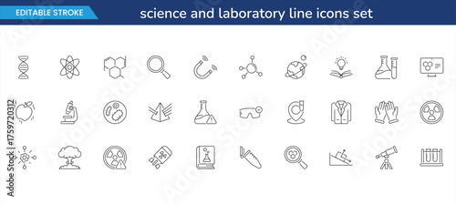 science and laboratory line icons set — editable stroke chemistry, biology, and research symbols for education, technology, and presentation design